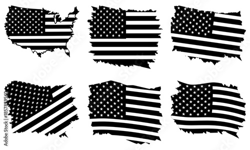 American Flag Silhouette Shapes on White Background stars stripes