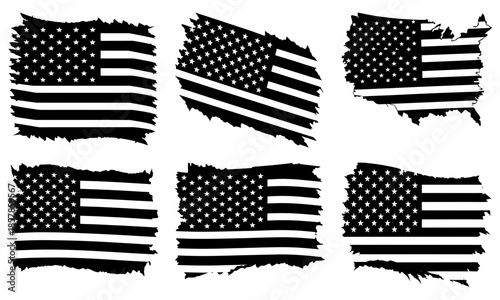 Torn American Flag Silhouettes on White Background black