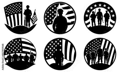 Military Silhouettes with American Flag Background on Transparent Background soldiers stars