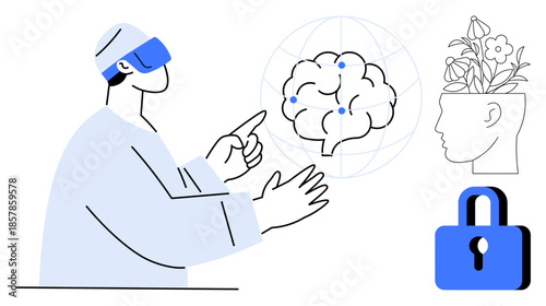 Person using VR headset pointing at a brain hologram, surrounded by a blooming mind and lock symbol. Ideal for AI, VR, creativity, mental health, security, neuroscience and innovation. Simple flat