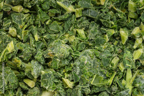Valokuva frozen chopped kale - top view closeup background and texture