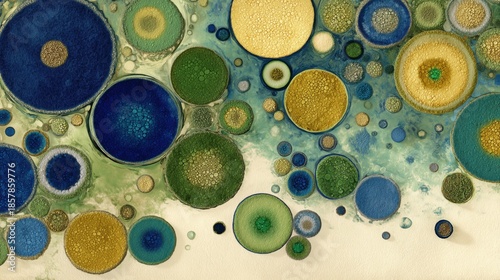 Abstract art background with blue green and gold circular cells resembling microscopic bacteria