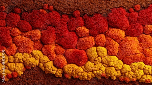 Colorful macro texture of red orange and yellow moss lichen growing on rock surface