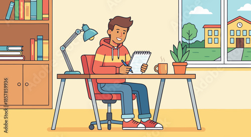 Student Studying at Home Desk Daytime Flat Vector Illustration