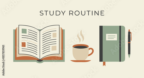 Daily Study Routine Concept with Books and Coffee Vector Illustration