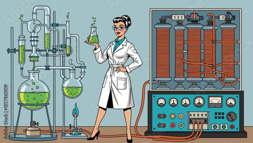 Professional Female Scientist in Lab Coat Holding a Beaker and Working with Complex Industrial Laboratory Equipment