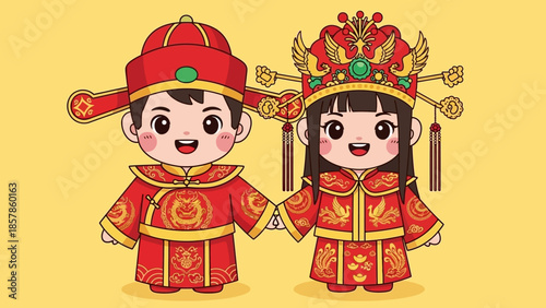 Adorable cartoon Chinese wedding couple, bride and groom in traditional red attire, standing happily on a bright yellow background, representing culture and celebration.