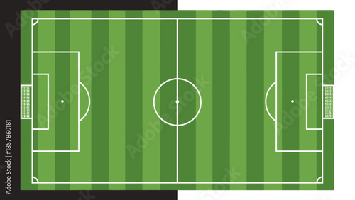 Aerial view of a well-maintained green football or soccer field with white markings, ready for sports on a dark background.