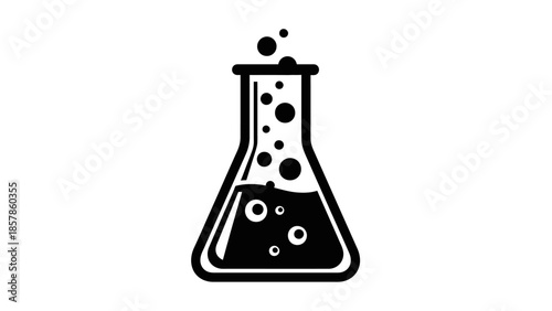 A transparent glass laboratory beaker and flask container with blue liquid and chemical formulas isolated on a white background for science and chemistry test icon