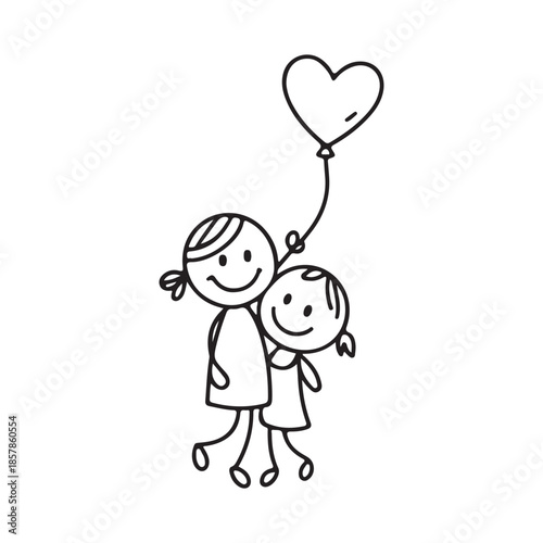 a simple black and white doodle illustration depicts two stick figures embracing affectionately with a heart shaped balloon floating cheerfully above them high quality professional detailed
