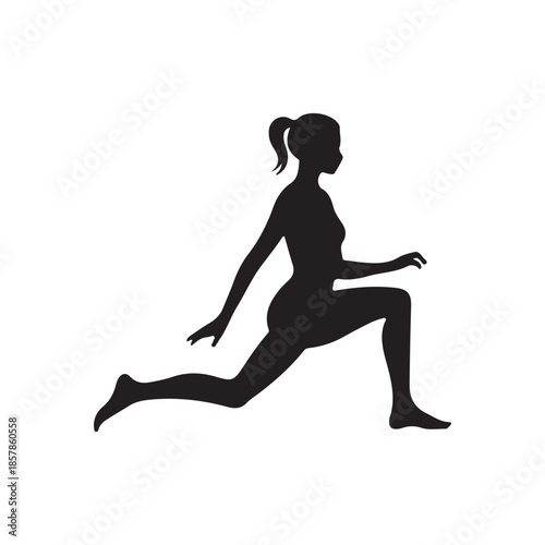 a silhouette of a woman is captured mid stride in a dynamic lunge pose showcasing athletic activity and physical fitness in black high quality professional detailed