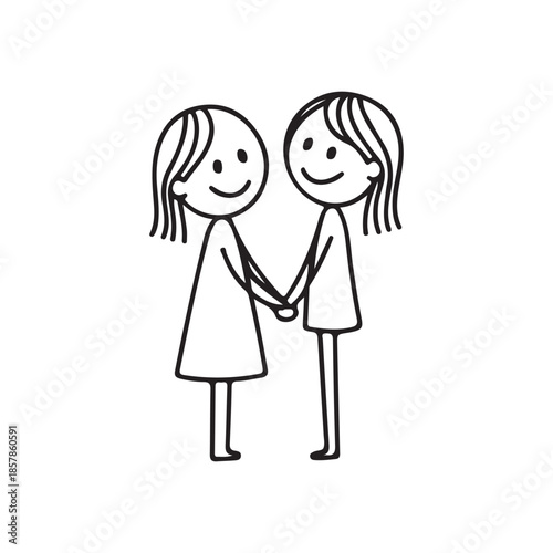 a simple black and white doodle depicts two young girls holding hands facing each other with cheerful expressions a heartwarming illustration of friendship high quality professional