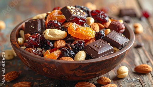 Bowl of Mixed Nuts, Dried Fruits, and Chocolate Pieces on Wooden Table