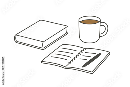 Study Desk Items with Book and Coffee Line Icon Vector Illustration