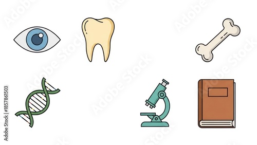 Medical icons eye tooth bone dna microscope and book on white