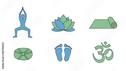 Yoga elements lotus mat feet om symbol and poses on white background