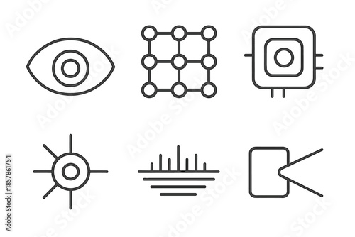 Digital Retina Icons. Line vector icons of digital retinal layer: eye arc, sensor lattice, micro-sensor pad, optic node, data