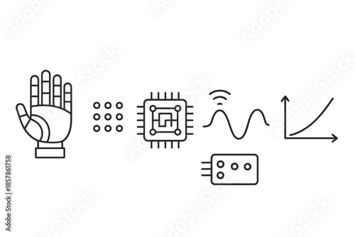 Sensory Feedback Hand. Line vector icons of sensory-feedback artificial hand: robotic palm, tactile dot cluster, actuator chip,
