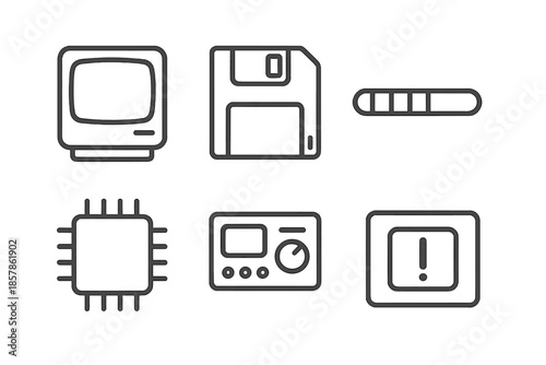 Vintage Tech Icons. Line vector icons of obsolete OS reproduction: minimal monitor arc, storage disk, loading bar, logic chip,