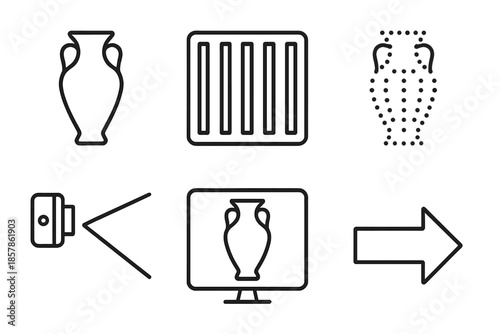 Heritage Digitization Icons. Line vector icons of heritage item 3D digitization: artifact silhouette, structured light bars, mesh