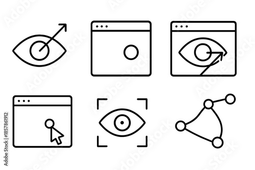 Eye-Tracking Webpage Icons. Line vector icons of eye-tracking on webpage: eye outline, gaze arrow, webpage frame, focus point,