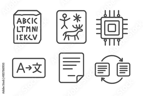 Historical Text Converter Icons. Line vector icons of historical text AI converter: carved text block, primitive characters,