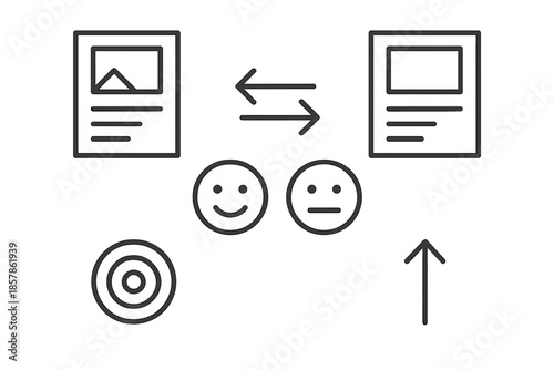 Sentiment A_B Icons. Line vector icons of sentiment A/B experiment: two content tiles, emotive face, reserved face, compare marks,