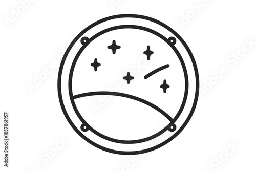 Space-Themed Porthole Icon. Line vector icons of space suite porthole vista: circular frame, planetary curve, star specks, window