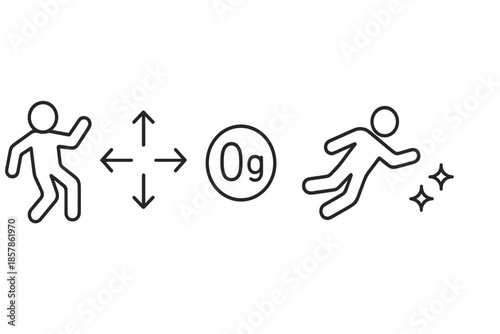 Floating Traveler Icons. Line vector icons of floating traveler icon: person silhouette, directional float arrows, zero-g mark,