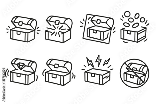 Shaking Treasure Icons. Line style icons of shaking treasure chests: open chest, motion lines, spark burst, shaking frame, coin