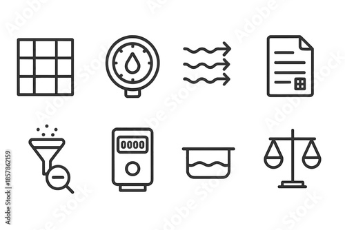 Filtration System Icons. Line style icons of filtration accounting systems: filter grid, droplet gauge, flow arrows, data sheet,