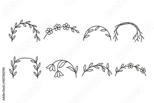 Botanical Bridge Icons. Line style icons of growing botanical bridges: arching vines, connected flowers, leafy span, root link,