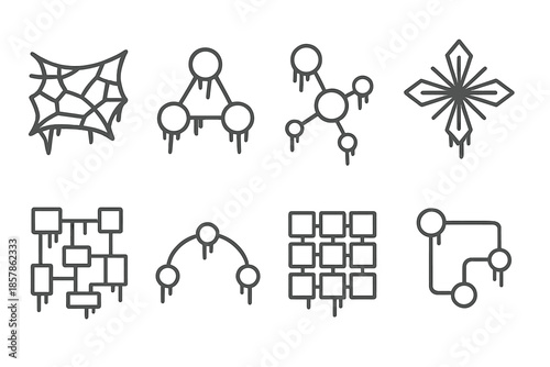 Icy Network Icons. Line style icons of frozen network structures: icy mesh, snow link, cold node, crystal pattern, frost framework