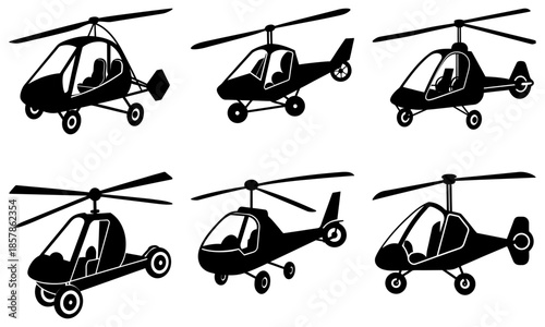 Six Gyrocopter Silhouettes on White Background helicopter aircraft