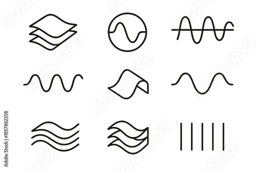 Line Style Rhythmic Motion. Line style icons of layered rhythmic motion: folded surface, cyclic pulse, timeline ripple, rhythmic