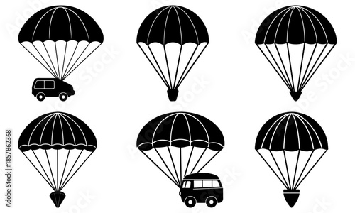 Black and white van with parachute falling from sky transparent background