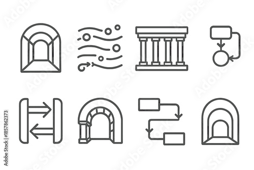 Architectural Pathway Icons. Line style icons of architectural data pathways: covered corridor, digital stream, pillared walkway,