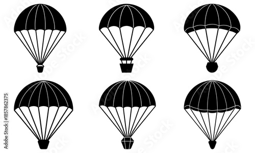 Six Black and White Parachutes with Payloads on White Background silhouette