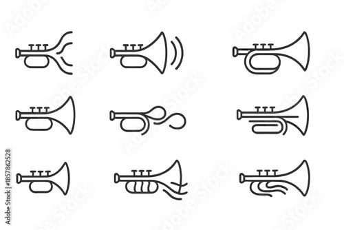 Quiet Trumpet Icons. Line style icons of quiet trumpet updates: soft horn, echo wave, curved resonance, subtle tone, airy sound