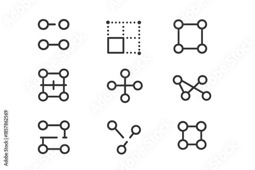Minimal Network Icons. Line style icons of gap network systems: connected voids, dotted framework, spaced lattice, open path grid,