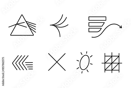 Prism Light Spectrum. Line style icons of layered light refraction: prism outline, refracted beam, layered spectrum, curved light