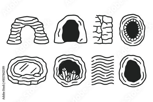 Stone Gap Icons. Line style icons of stone gap tableaus: layered stone arc, open void, fractured wall, mineral-lined pocket,