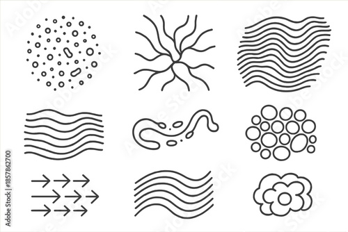 Fungal Swarm Topography. Line style icons of fungal swarm topography: spore map, networked contour, rhythmic formation, layered