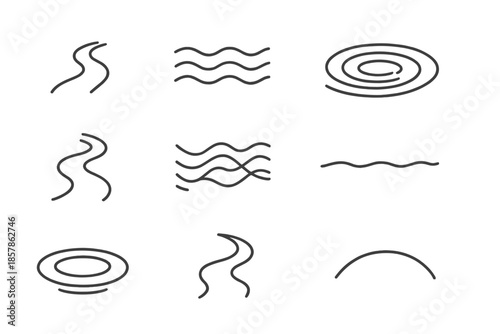 Ripple Pattern Icons. Line style icons of a water channel with gentle ripples: curved stream line, layered wave contour, soft