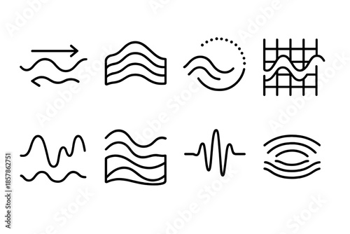 Fluid Motion Icons. Line style icons of wave-driven fluid systems: oscillating current, layered contour lines, rhythmic motion