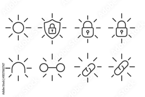 Radiant Secure Icons. Line style icons of a radiant secure point: luminous junction, glowing contour, bright lock node, curved
