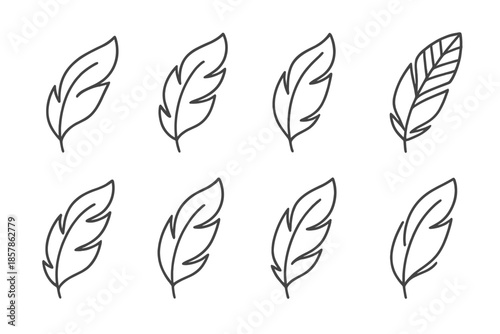 Feather Line Icons. Line style icons of folded feather patterns: curved plume line, layered contour, delicate fold, soft feather