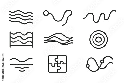 Dynamic Flow Icons. Line style icons of a current conundrum guide: layered stream path, flowing connection, curved logic contour,