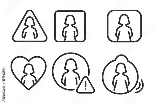 Intimate Area Icons. Line style icons of intimate area alerts: private zone signal, enclosed frame icon, close proximity ring,