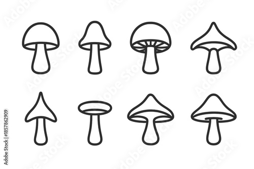 Mushroom Cap Icons. Line style icons of mushroom cap pinnacles: domed roof cap, stem tower base, spore layer dome, curved fungal